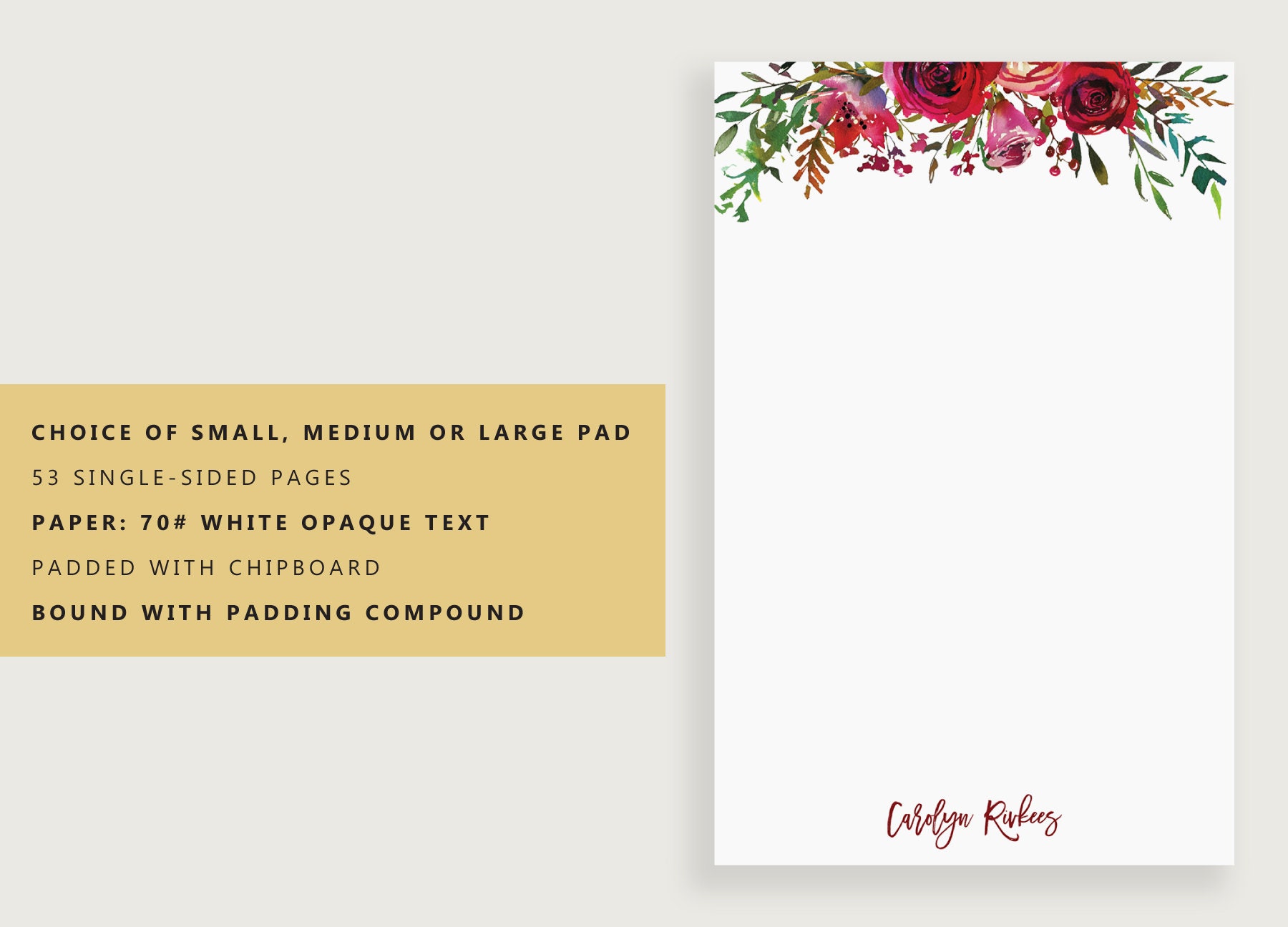 Floral Note Pad, Writing Pad, Notepad Personalized, Custom Note Pad ...