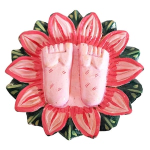 Wood Charan Paduka from India, Hand Painted engraved Laxmi Charan on Kadam Wood, Wood temple sandals, Home Décor, Puja Item, Saint Gifts