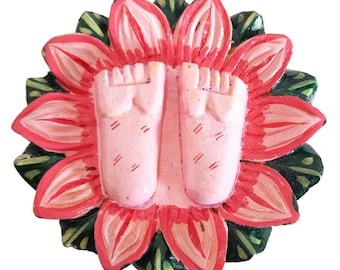 Wood Charan Paduka from India, Hand Painted engraved Laxmi Charan on Kadam Wood, Wood temple sandals, Home Décor, Puja Item, Saint Gifts