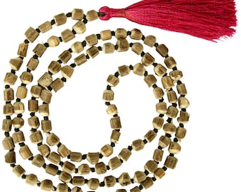 Mala di semi di basilico di Tulsi nero (Tulasi), collana di perle sacre di Tulasi naturale non tinto, 108 +1 perle Krishna Japa Mala Rosario dall'India