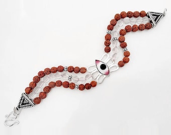 Shiva Trinetra - Third Eye Rudraksha Sphatik Crystal Quartz Handmade Bracelet with silver accessories Spiritual Yoga Bracelet for meditation