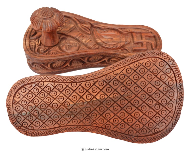 Red Sandalwood Paduka from India, Carved old style wood Charan Paduka, Wood temple sandals, Wood slippers, Real Khadau, Sadhu Collector item image 5