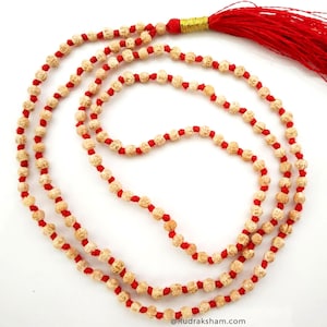 May include: A mala or prayer beads made of Rudraksha seeds with a red tassel. The beads are strung on a red thread with a gold accent.