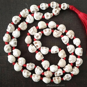 Skull Beads Mala Skull Necklace Narmund mala Skull Rosary Bone Mala for Goddess Kali in 54 beads, Rudraksha and Hakik/ Agate beads Necklace