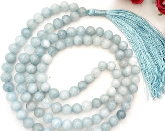 Aquamarine Necklace, Blue Aquamarine Mala, Aquamarine Gemstone Beads Rosary 108 Beads with Sky Blue Silk Tassel Handmade Healing Chakra Mala