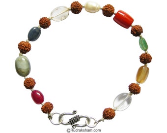 Buy Genuine Rudraksha Navratna Bracelet Online Nine Stone Handmade Bracelet Multi Gemstone Silver bracelet Nine planets Gemstone Bracelet