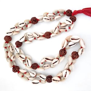 Original Kauri Shell Mala Necklace | 5 Mukhi Rudraksha Nepal Beads | Cowrie Mala Cowry Mala Shell Mala Sea Shell Necklace in thread Tassel