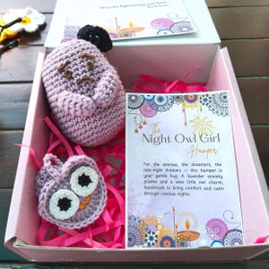 May include: A pink gift box contains a lavender plushie, a small owl charm, and a card. The plushie has a sad face and a black hat. The owl charm has large white eyes. The card reads "The Night Owl Girl Hamper".