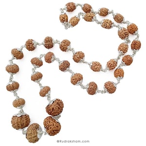 Navgrah Rudraksha Beads Mala Rosário em tampas de prata para pacificar todos os nove planetas, Java / Contas indonésias Colar Kantha Mala, Chakra Mala