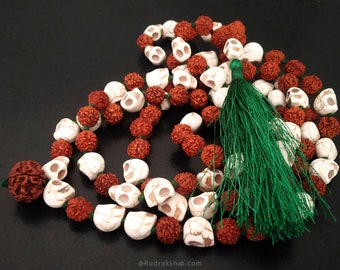 Skull Beads Necklace 5 Mukhi Rudraksha Beads Necklace 10 mm Narmund Mala Skull Rosary Bone Mala for Goddess Kali 108 Beads Protection Mala