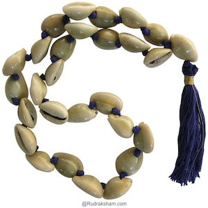 May include: A string of white cowrie shells with blue knots and a blue tassel.