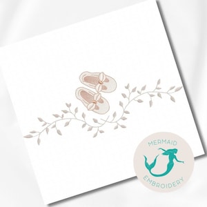 May include: Embroidered design of a pair of baby shoes with bows on a vine with leaves. The design is in shades of pink and gray. The text "Mermaid Embroidery" is in a circle with a mermaid inside.