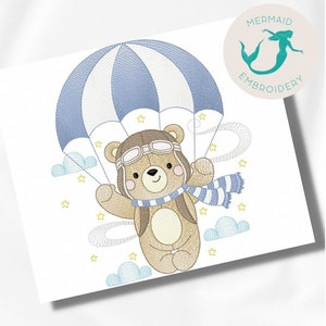 May include: A brown teddy bear wearing aviator goggles and a blue and white striped scarf is attached to a blue and white striped parachute. The bear is surrounded by small yellow stars and blue clouds.