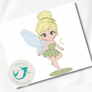 May include: A cartoon illustration of Tinkerbell, a fairy with blonde hair, green wings, and a green dress. She is standing on a green leaf and has a sparkle effect around her.