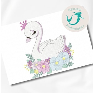 May include: Embroidered design of a white swan with a pink crown, surrounded by pink, purple, and blue flowers. The swan has closed eyes and a pink beak. The design is perfect for embroidery projects.
