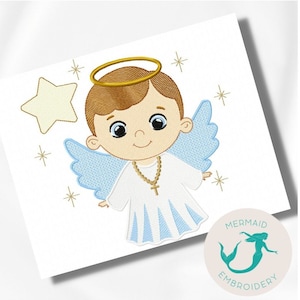 May include: Embroidered design of a cartoon angel with a gold halo, light blue wings, and a cross necklace. The angel is wearing a white robe and is surrounded by gold stars. The design includes the text "Mermaid Embroidery".