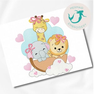 May include: Embroidered design of a giraffe, elephant, and lion riding in a boat on a cloud with pink hearts. The animals are wearing pink bows.