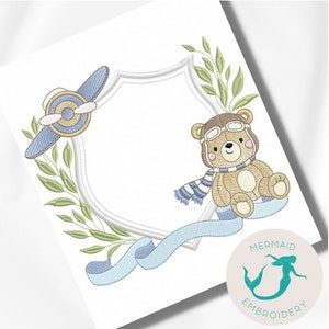 Aviator Bear Frame embroidery design boy embroidery design machine baby embroidery pattern file instant download baby boy embroidery bear