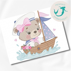Bär-Mädchen-Boot-Stickerei-Designs, Mädchen-Stickerei-Design-Maschine, Bär-Stickmuster-Datei, sofortiger Download, Baby-Stickerei, Baby-Design