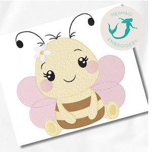 Pode incluir: Uma abelha de desenho animado fofa com asas rosa e um corpo amarelo. A abelha tem uma flor na cabeça e está sentada com as pernas cruzadas.