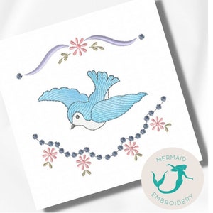 Bird Blue Flowers embroidery design, baby embroidery design machine, animals embroidery pattern, file instant download, newborn embroidery