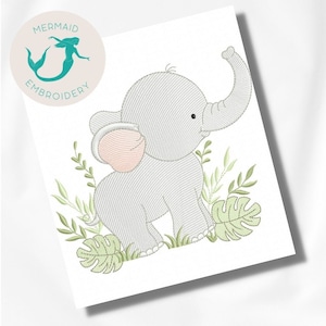 May include: Embroidered design of a gray elephant with a pink ear, standing in a green leafy jungle setting.