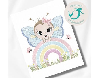 May include: Embroidered design of a cute butterfly with a pink bow sitting on a rainbow with flowers at the base. Two butterflies are flying above the rainbow.