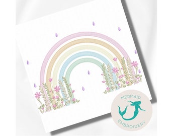 May include: A rainbow with pastel colors, with green leaves and pink flowers underneath.  There are purple raindrops falling from the top of the image. The text "MERMAID EMBROIDERY" is in a circle at the bottom right of the image.