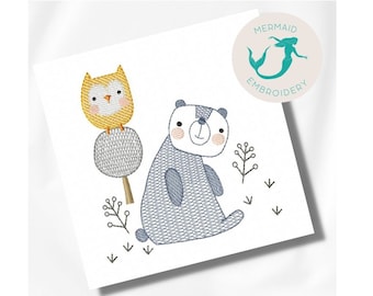 May include: Embroidered design featuring a gray bear sitting with a yellow owl perched on a gray tree stump. The design includes small black branches and footprints.