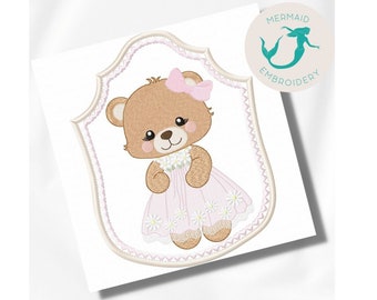 Niedliche Bären-Kleid-Rahmen-Stickerei-Designs, Mädchen-Stickerei-Design, Maschine, Bär-Stickmuster, Datei, sofortiger Download, Baby-Stickerei-Design