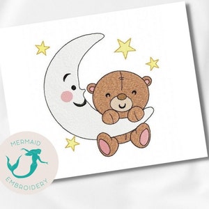 May include: A brown teddy bear with a happy face is hugging a white crescent moon with a smiling face. There are five yellow stars in the background.