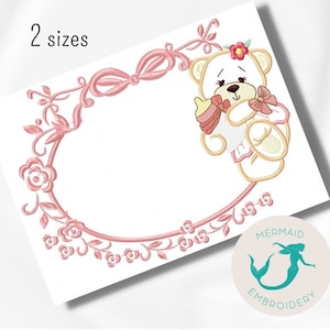 Frame Bear Girl applique design, Babys embroidery design machine, frame embroidery pattern, file instant download Newborn embroidery  design