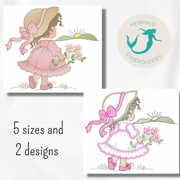 Sunbonnet borduurontwerpen girly borduurontwerp machine kinderen borduurpatroon bestand instant download baby borduurontwerp