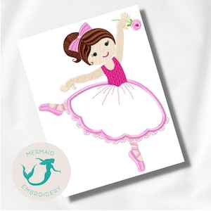 May include: Embroidered design of a ballerina with brown hair, wearing a pink dress and pink ballet shoes, holding a pink rose. The design is on a white background with a logo that says "Mermaid Embroidery".