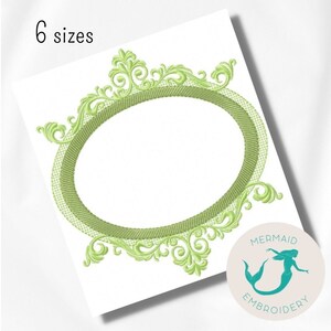 May include: Green oval embroidery design with a decorative frame. The design is available in six sizes.
