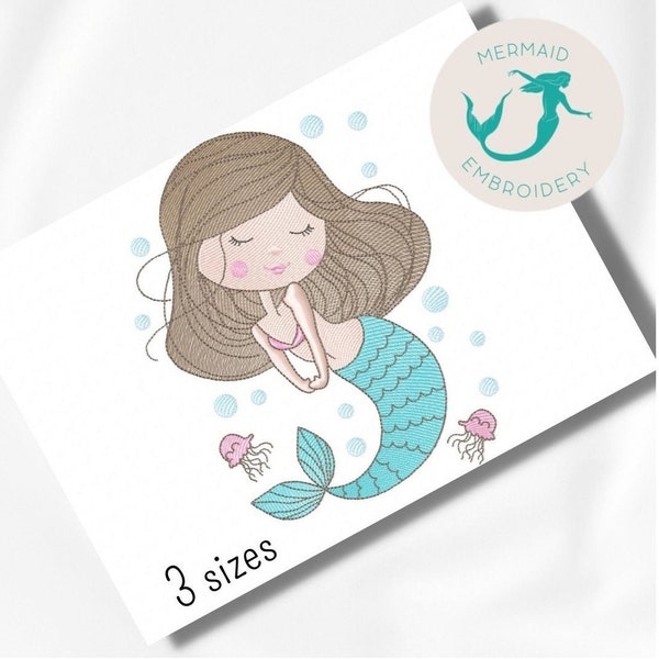 Cutie mermaid embroidery design, girly embroidery design machine, magical embroidery pattern, file instant download, baby embroidery