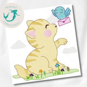May include: A yellow and white striped cat with pink cheeks is sitting in a field of green grass and colorful flowers. A blue bird with a pink envelope is flying above the cat.