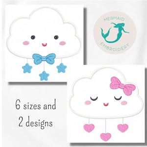 May include: Two embroidery designs of clouds with different facial expressions. One cloud has a blue bow and stars hanging from it, while the other cloud has a pink bow and hearts hanging from it. The text "6 sizes and 2 designs" is below the clouds.
