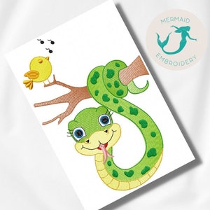 May include: A green snake with a yellow tongue is wrapped around a brown branch. A yellow bird with black eyes is perched on the branch and singing. The snake has green spots and a cute cartoon face.