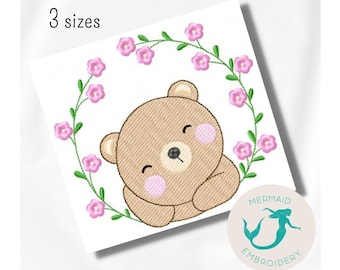 Lindo Oso Flor de bordado diseño de bordado para bebés máquina de diseño Animales bordado archivo de patrón de bordado descarga instantánea diseño de bordado recién nacido