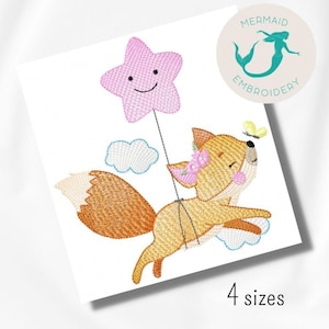 Diseño de bordado Fox Star Girl, máquina de diseño de bordado para bebés, patrón de bordado de animales, descarga instantánea de archivos, bordado para recién nacidos