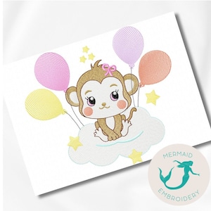 May include: Embroidered design of a brown monkey with pink cheeks and a pink bow sitting on a white cloud with yellow stars and holding onto three balloons: pink, yellow, and orange.