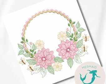 Flowers pink frame embroidery design floral embroidery design machine flower embroidery pattern file instant download towel embroidery