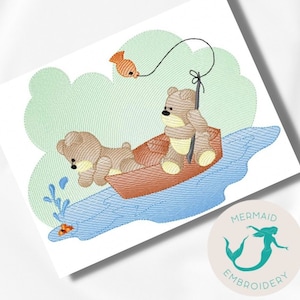 May include: Two brown teddy bears in a red boat on a blue lake. The bear in the back is holding a fishing rod with a small orange fish on the line. The lake is surrounded by green grass.