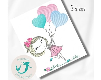 May include: A line drawing of a girl holding three heart-shaped balloons. The balloons are pink, blue, and turquoise. The girl is wearing a pink dress and has a bow in her hair. The image includes the text "3 sizes".