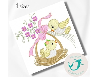 Cute Birds embroidery design, baby embroidery design machine, animals embroidery pattern, file instant download, newborn embroidery design
