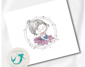 May include: A digital embroidery design of a ballerina girl with a pink tutu and a circle of hearts around her.
