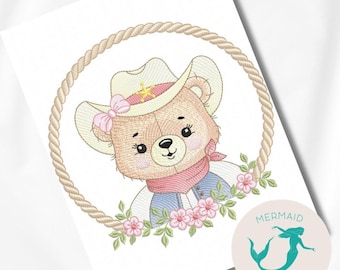 Bär Cowgirl Rahmen Stickmotive Mädchen Stickdesign Maschine Bär Stickmuster Datei sofortiger Download Baby Stickerei Baby