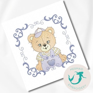 Ours garçon cadre bleu broderie design garçon broderie design machine bébé broderie motif fichier téléchargement instantané bébé garçon broderie ours
