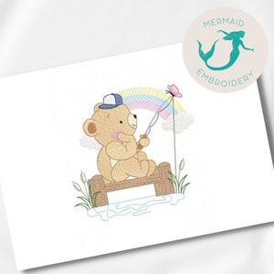 Bear Fisherman embroidery design, Fishing embroidery design machine, baby embroidery, pattern file instant download, Newborn embroidery